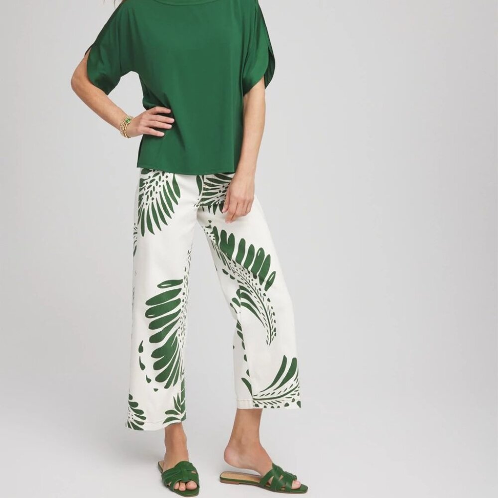 Palm-Frond-Motif Pull-On Wide-Leg Cropped Jeans